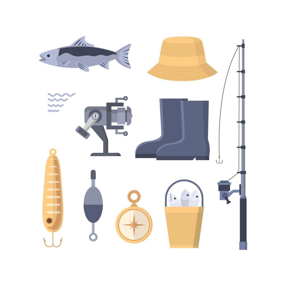 conjunto de diseño plano de icono de equipo de pesca vector