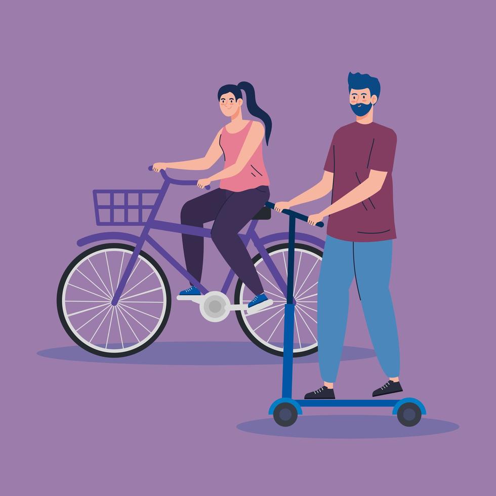 pareja joven en scooter y bicicleta avatar iconos de personajes vector
