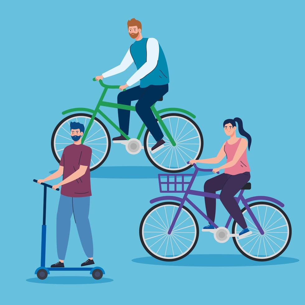 personas en scooter y bicicletas iconos de personaje de avatar vector