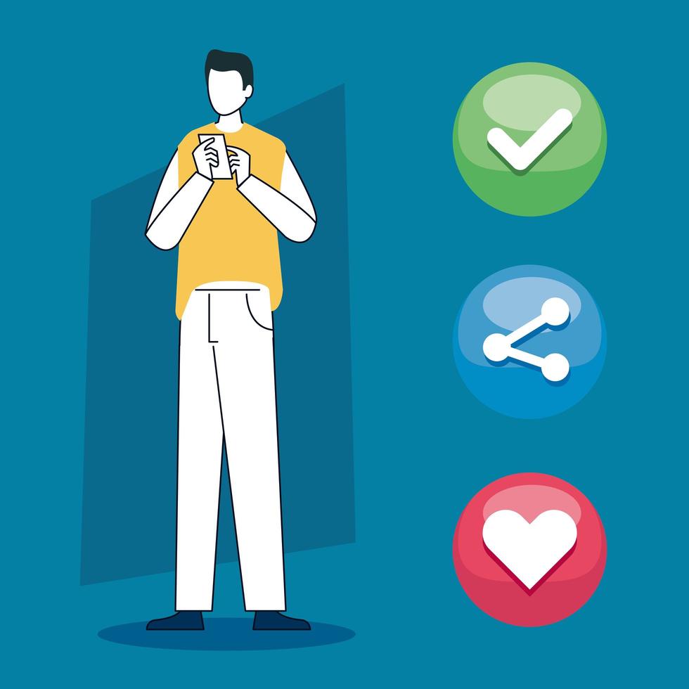 man with smartphone and social media icons vector