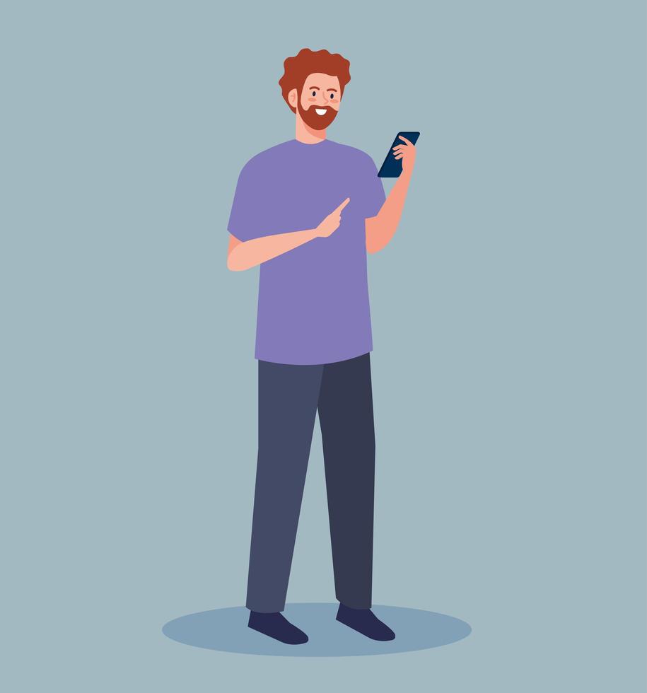 young man using smartphone avatar character vector