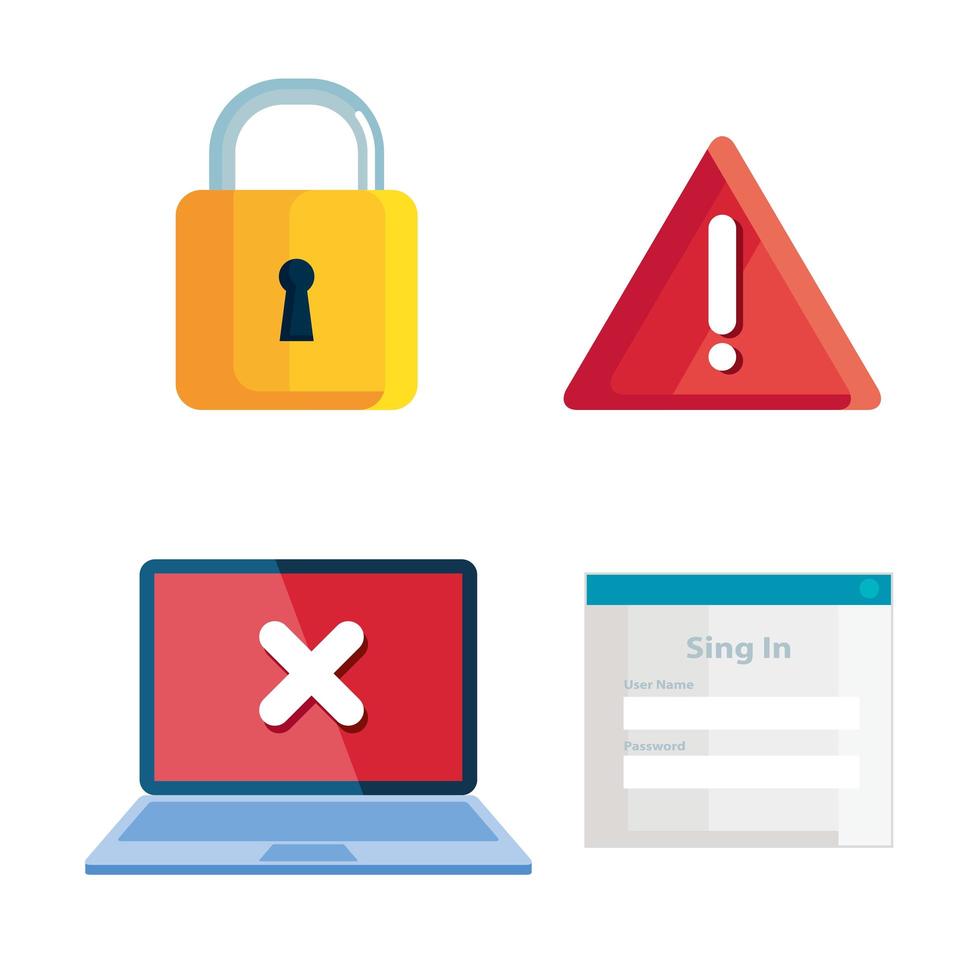 set of icons insecurity and technology error vector