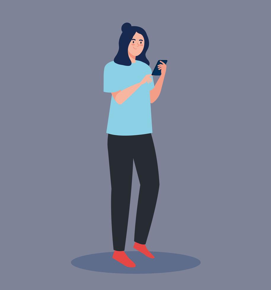 young woman using smartphone avatar character vector