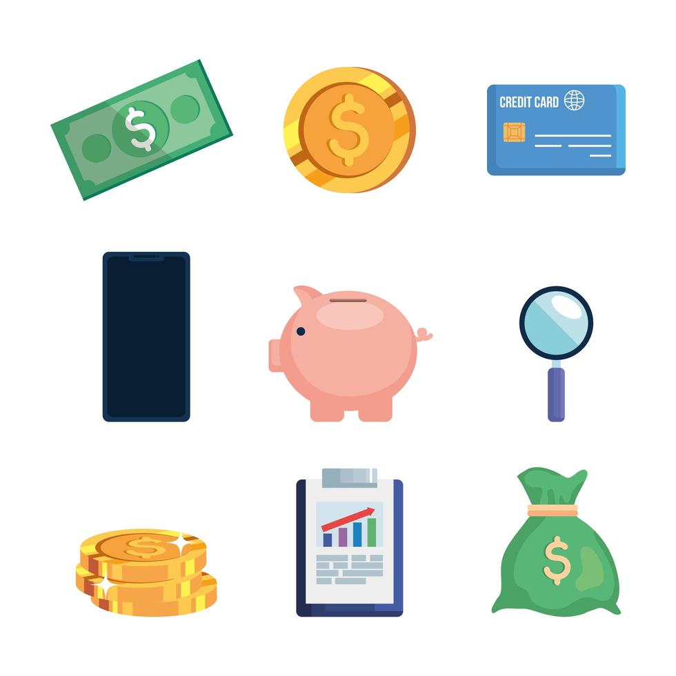 conjunto de ahorro de hucha con iconos de finanzas vector