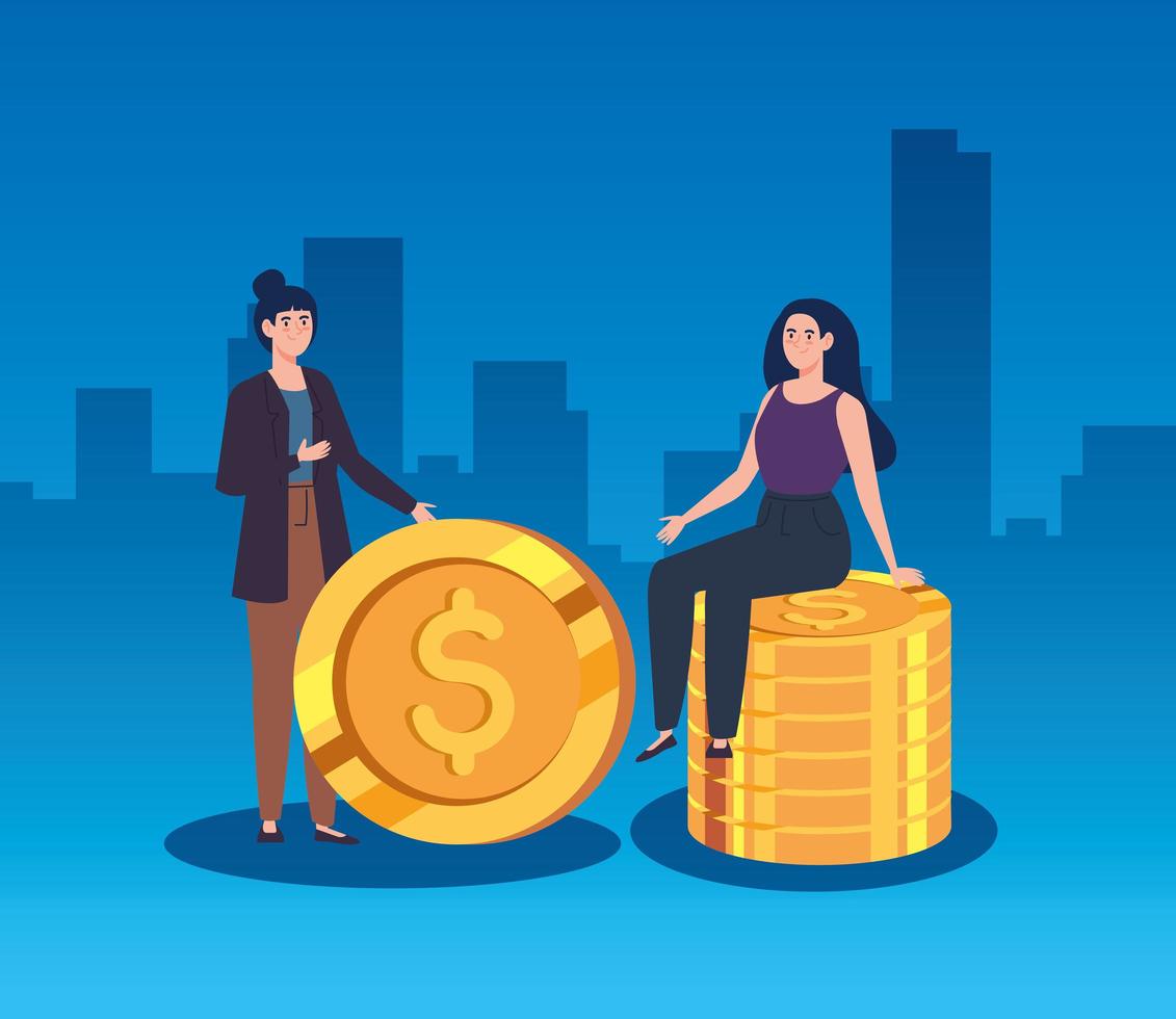 women with pile of coins vector