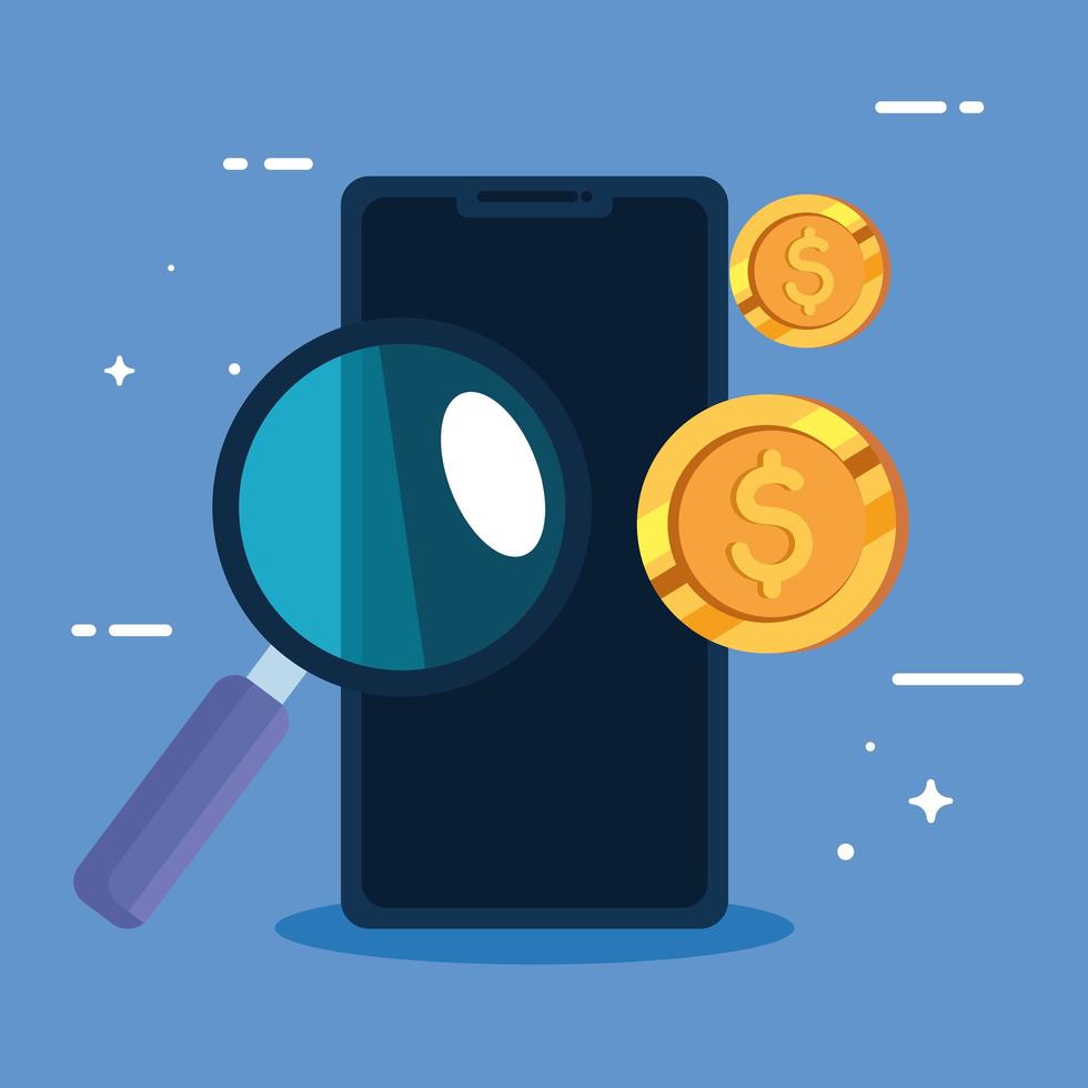 smartphone with coins and magnifying glass vector