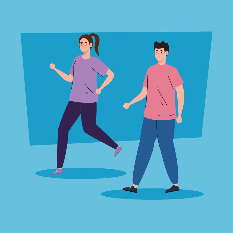 young couple running avatar character icons vector