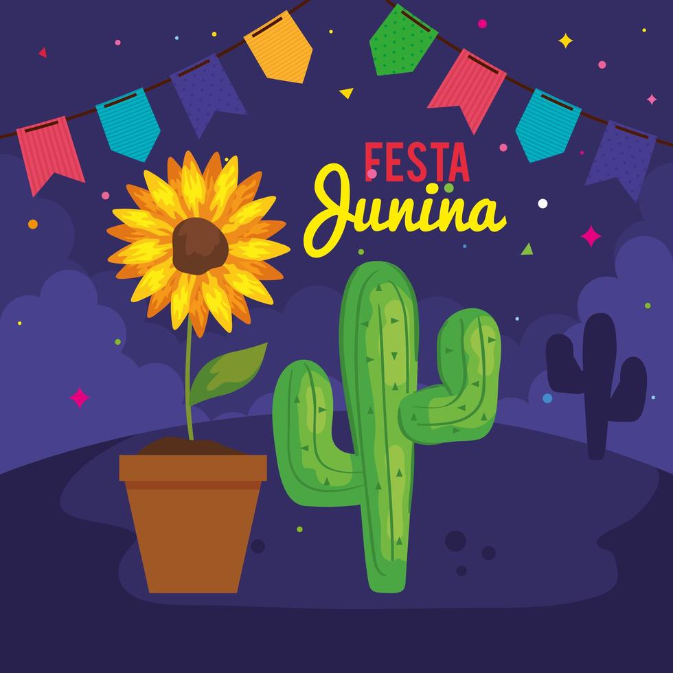 cartel de festa junina con cactus e iconos tradicionales vector