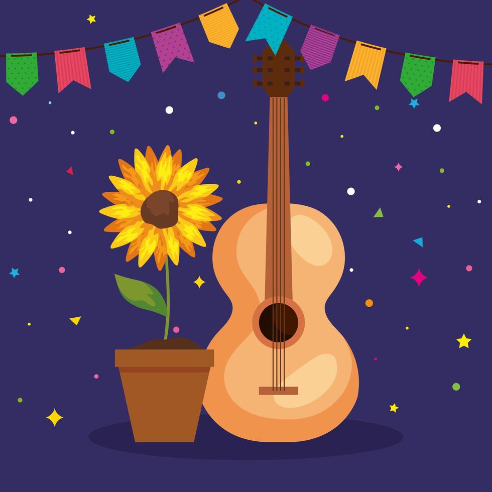 festa junina poster with guitar and sunflower vector