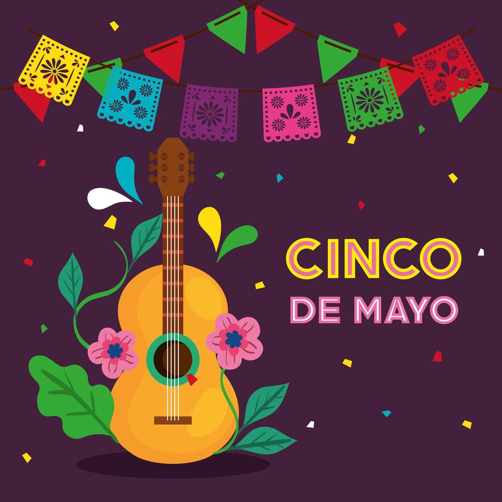 cartel del cinco de mayo con guitarra y decoración. vector