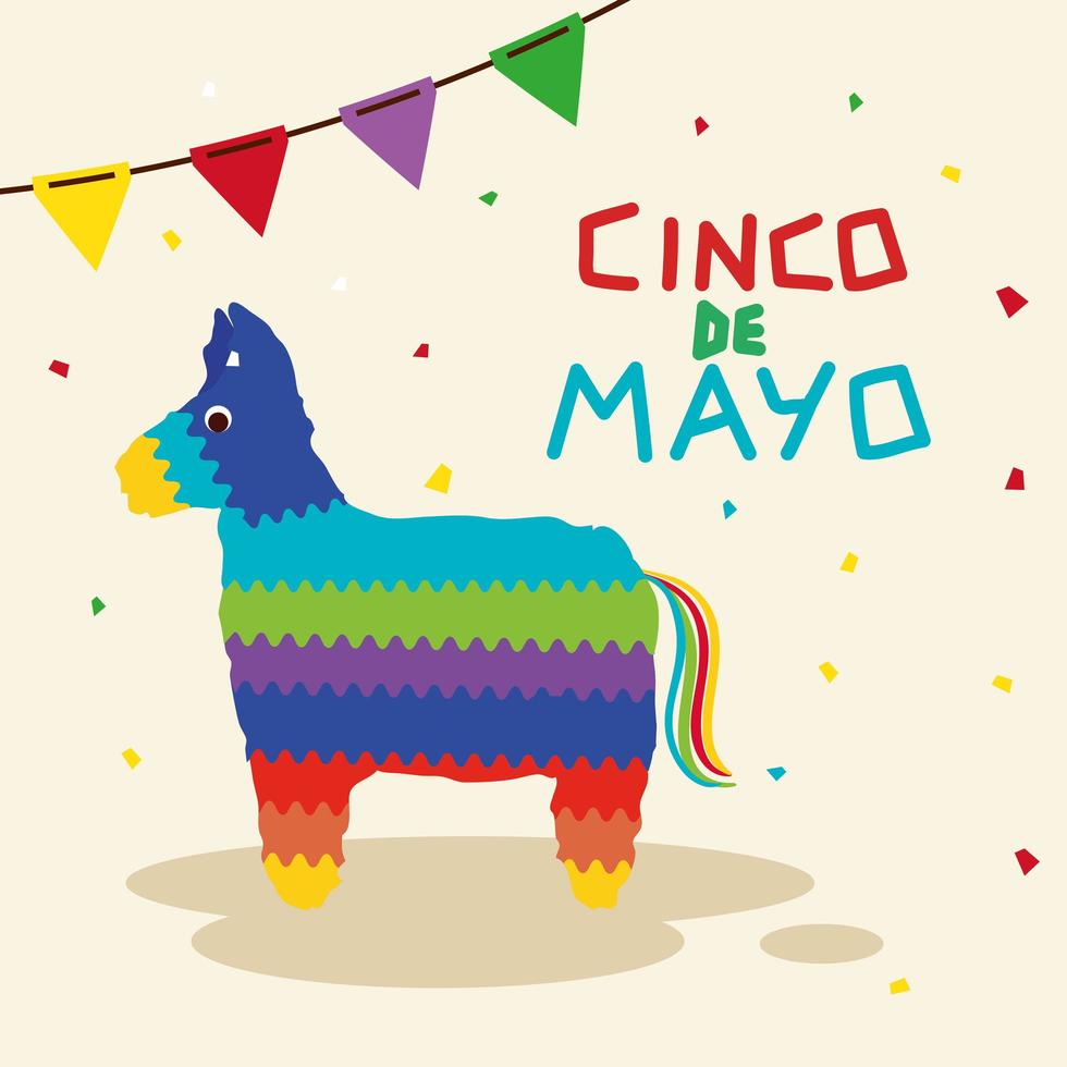 cartel del cinco de mayo con piñata y decoración. vector