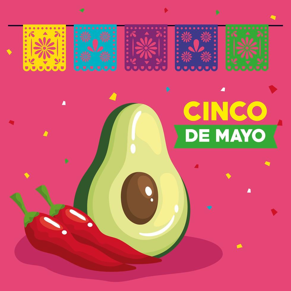 cartel del cinco de mayo con aguacate y decoración. vector