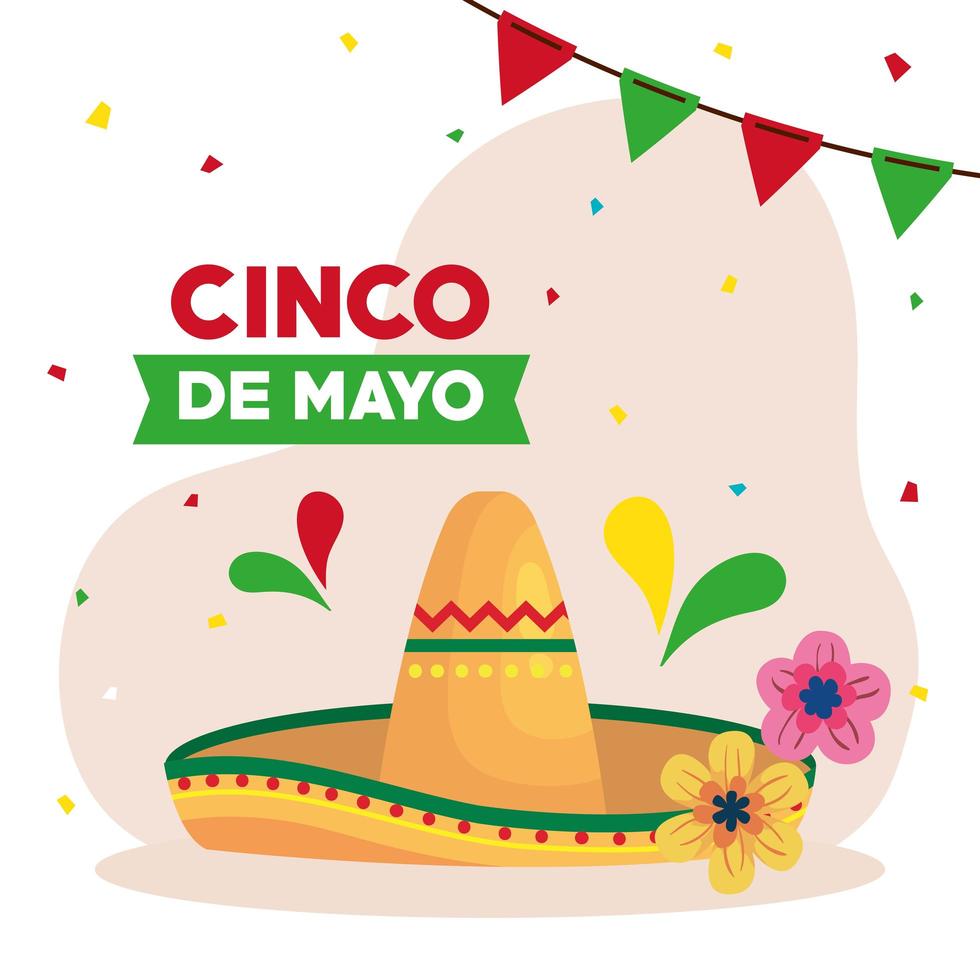 cinco de mayo poster with hat wicker and decoration vector