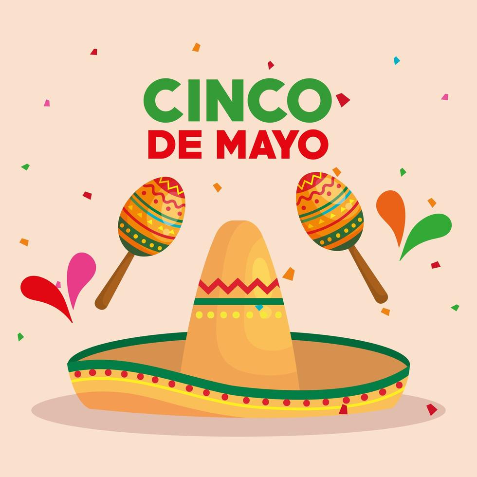cinco de mayo poster with hat wicker and decoration vector