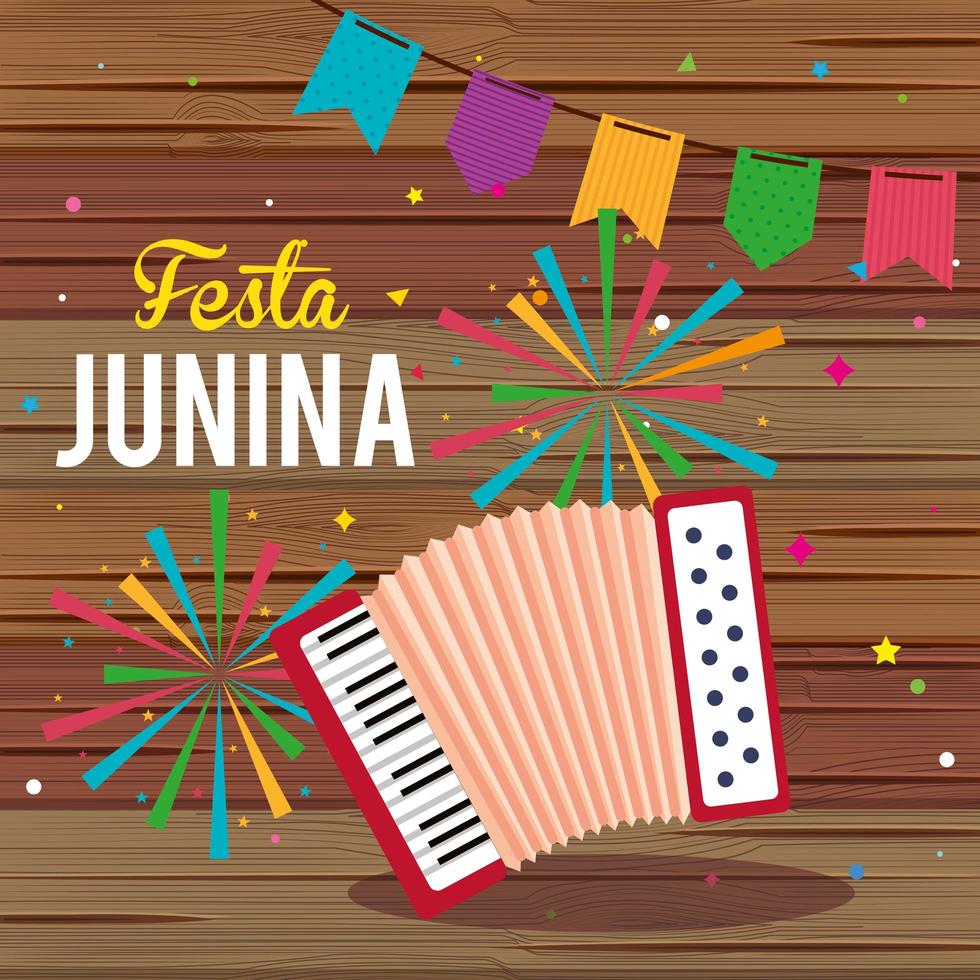 festa junina poster with accordion and garland hanging vector