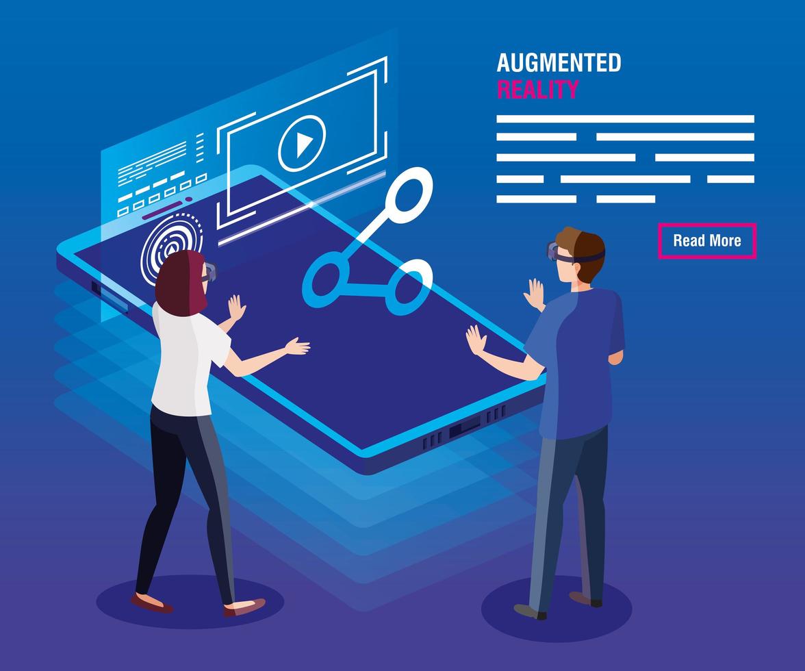 couple with glasses of reality augmented and smartphone vector