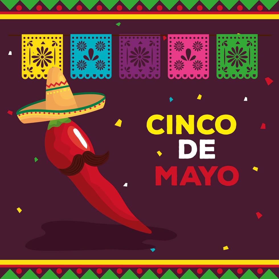 cinco de mayo poster with chili pepper and decoration vector