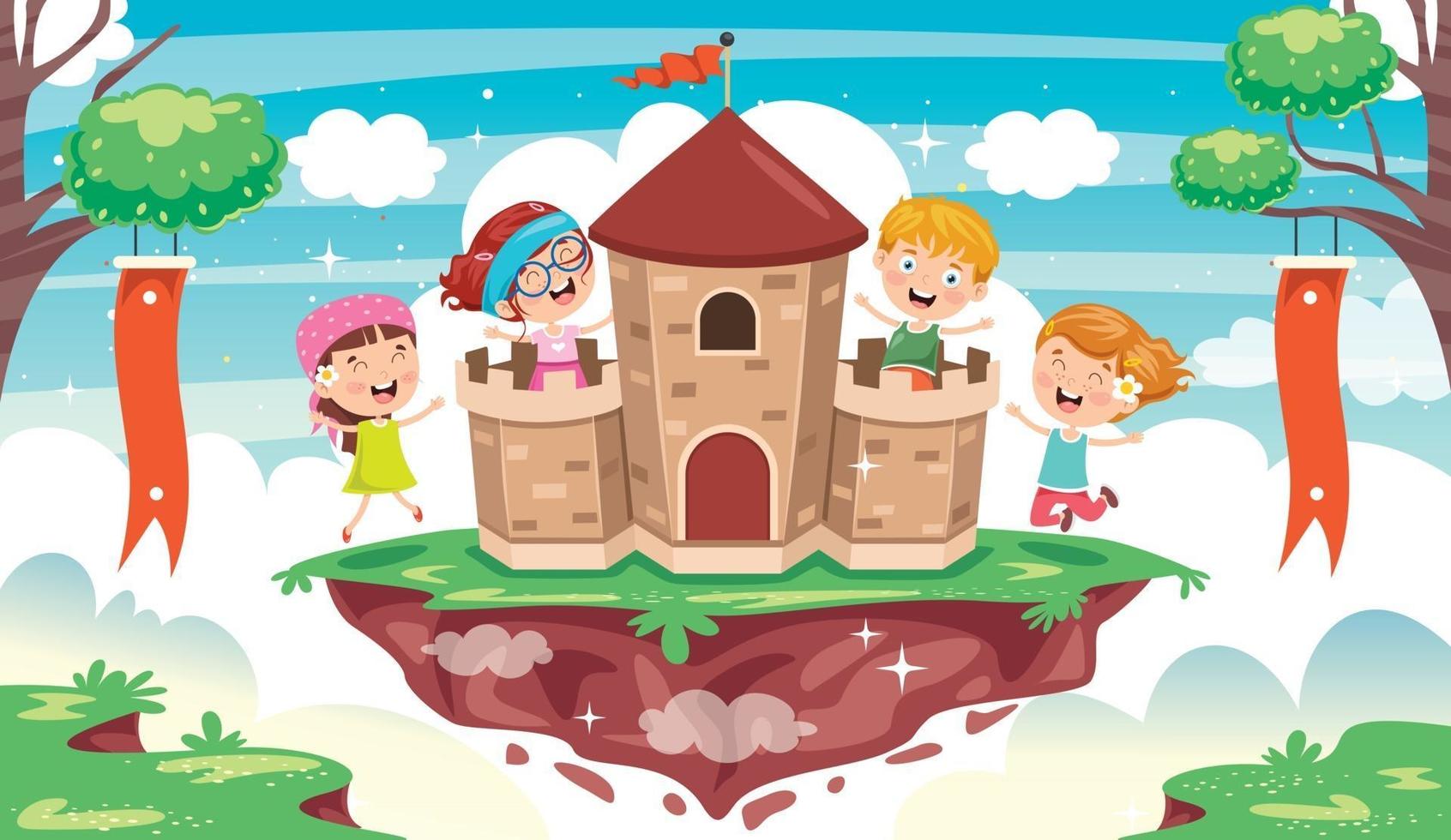 castillo de cuento de hadas y niños felices vector