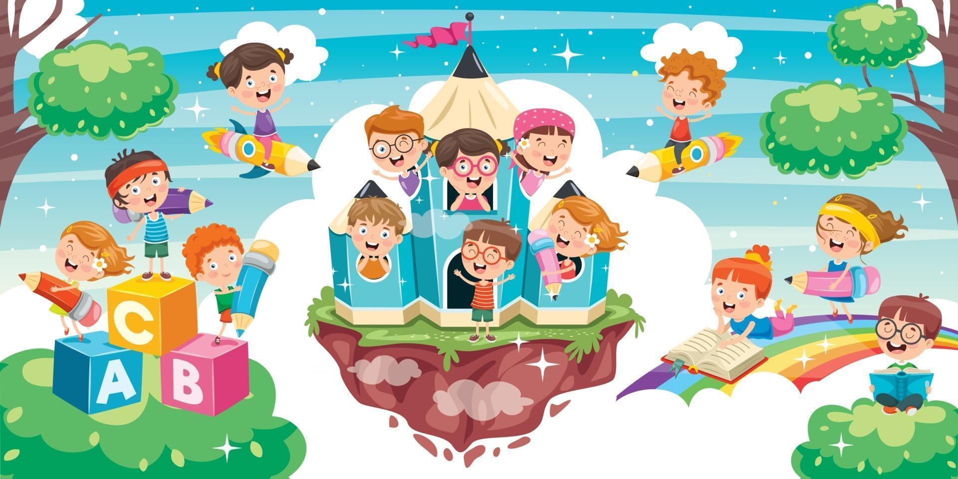 Cute Children Playing At Abstract Nature vector