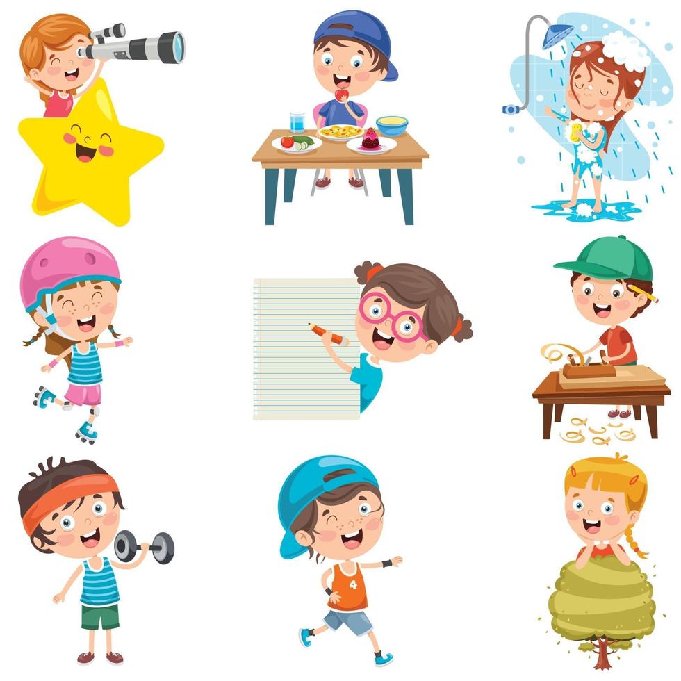 niños pequeños haciendo diversas actividades. vector