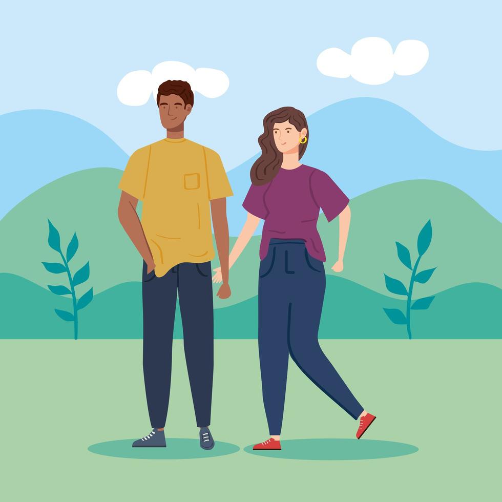 couple in landscape nature scene vector