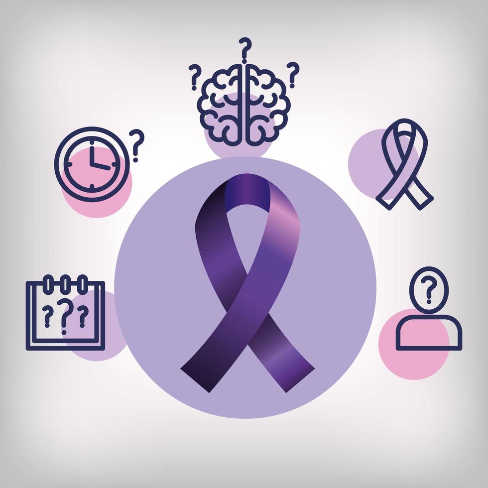 world alzheimer day with purple ribbon and icons vector