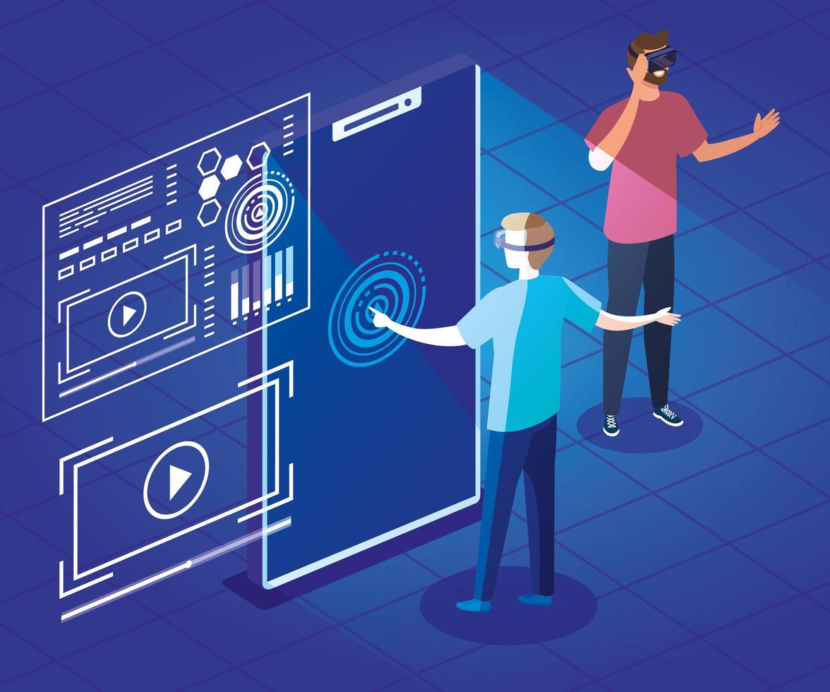 men with glasses of reality augmented and smartphone vector