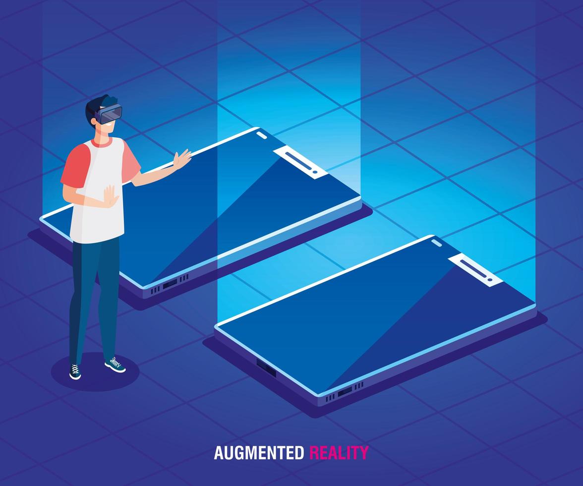 hombre con gafas de realidad aumentada y smartphones vector