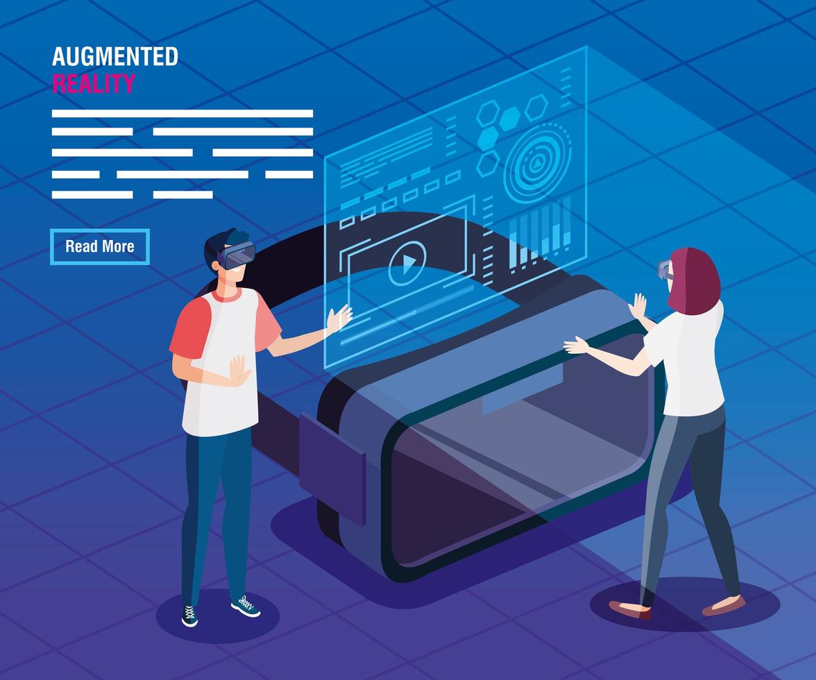 couple with glasses of reality augmented technology vector