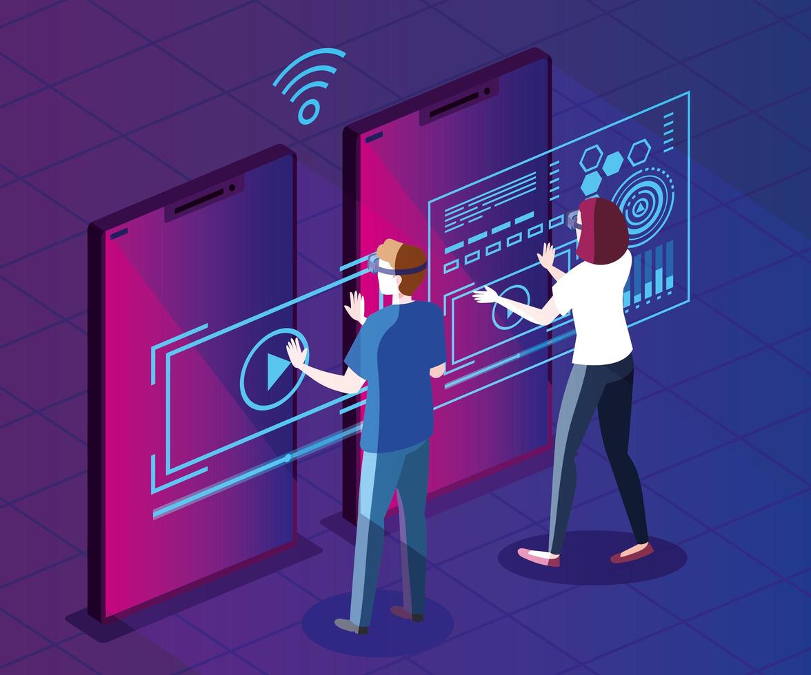 couple with glasses of reality augmented and smartphones vector