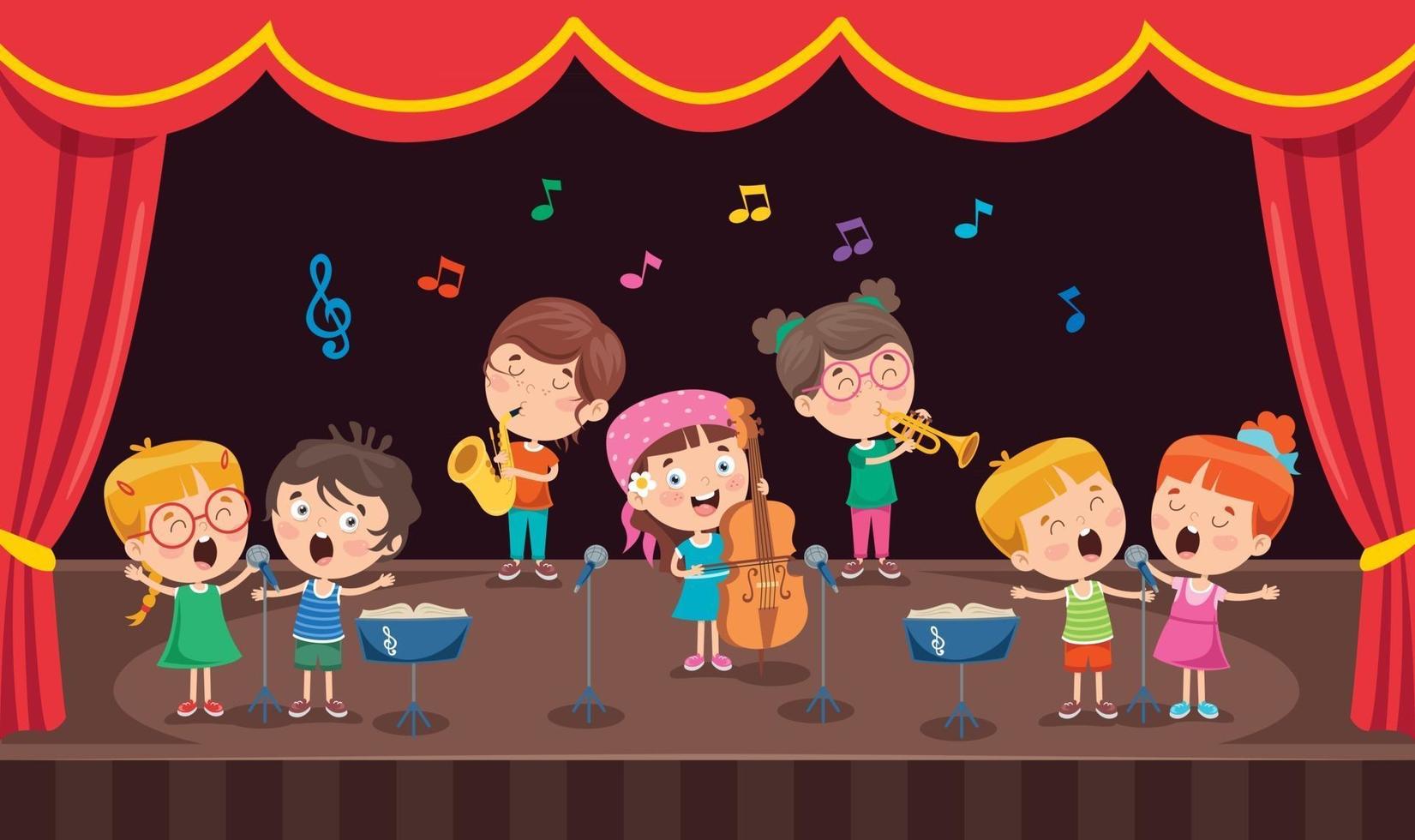 niños pequeños interpretando música en el escenario. vector