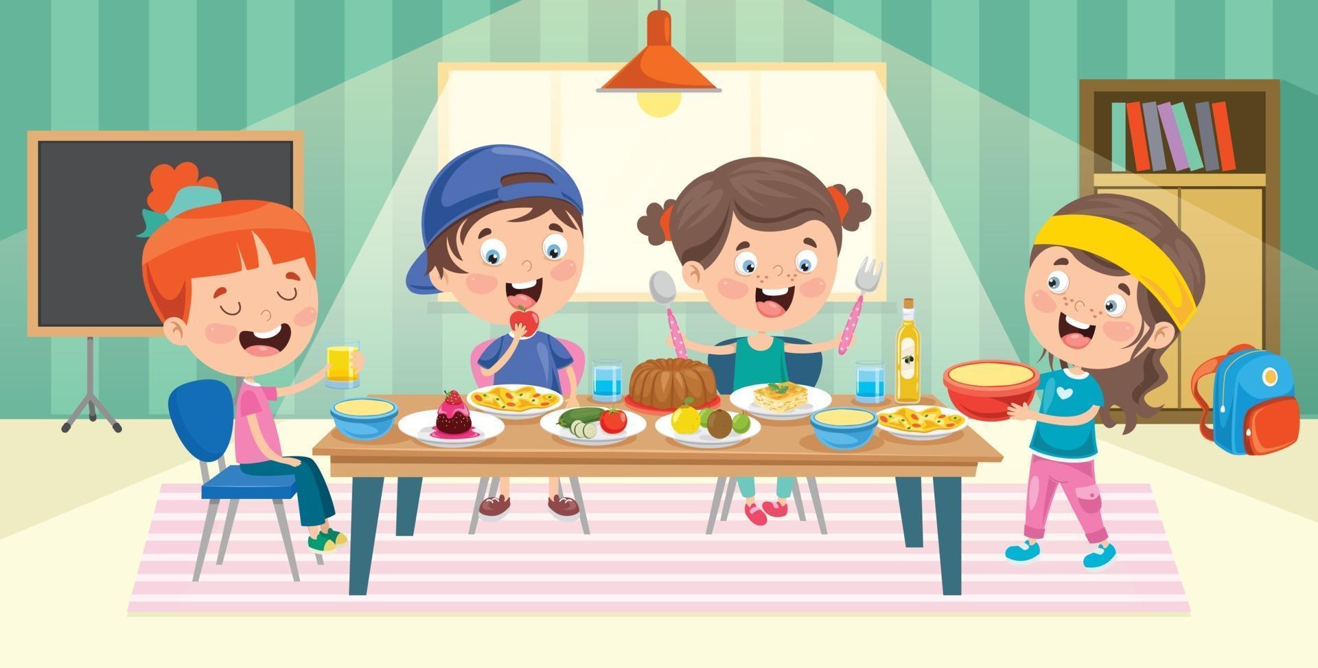 cuatro niños pequeños comiendo en la cocina vector