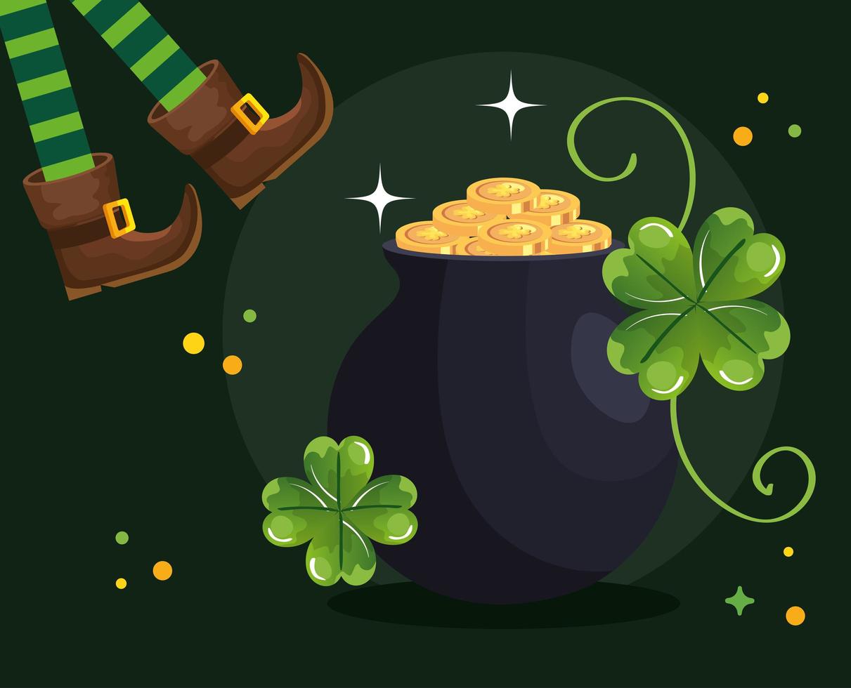 saint patricks day with elf legs and cauldron vector