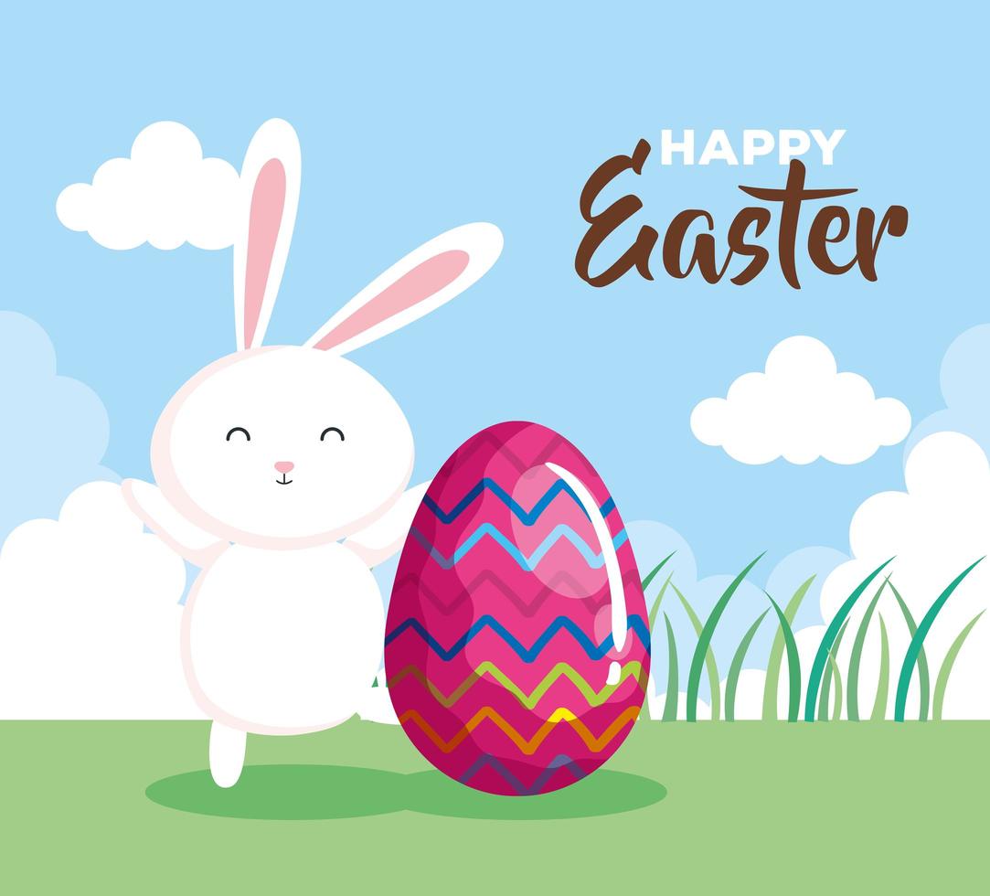tarjeta de pascua feliz con conejo y huevo en el paisaje vector