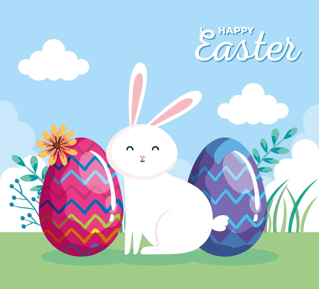 happy easter card with rabbit and eggs in landscape vector