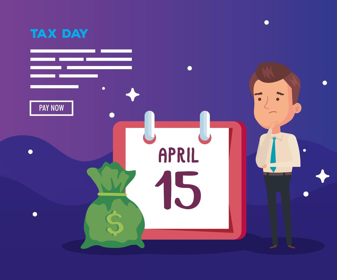 tax day poster with businessman and icons vector