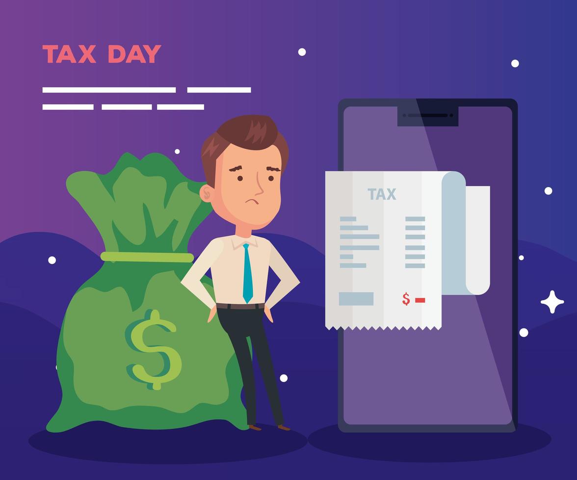 tax day poster with businessman and icons vector