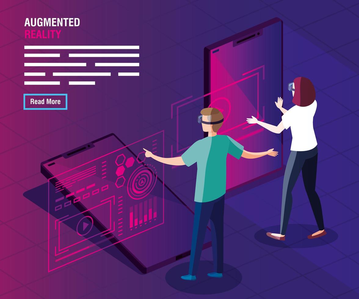 couple with glasses of reality augmented and smartphones vector