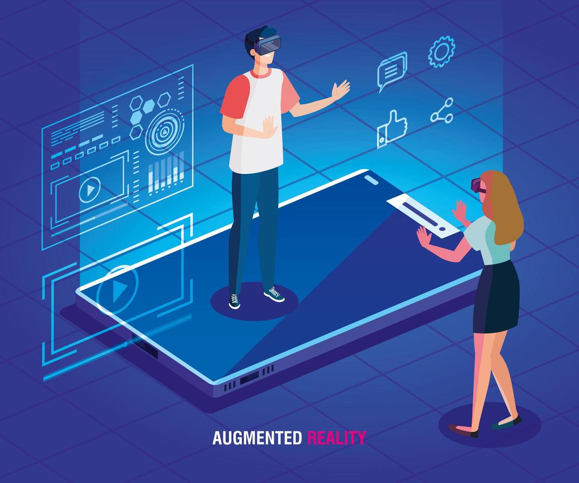 couple with glasses of reality augmented and smartphone vector