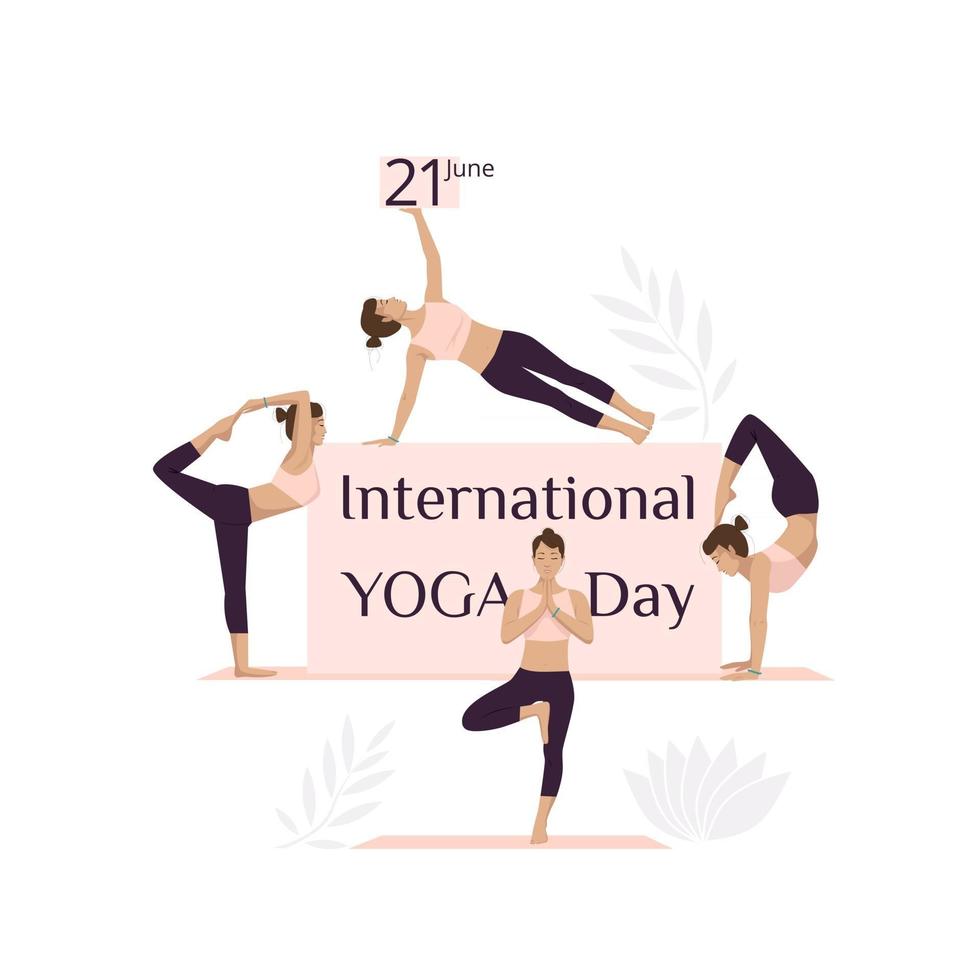 banner del día internacional del yoga con mujeres en varias asanas vector