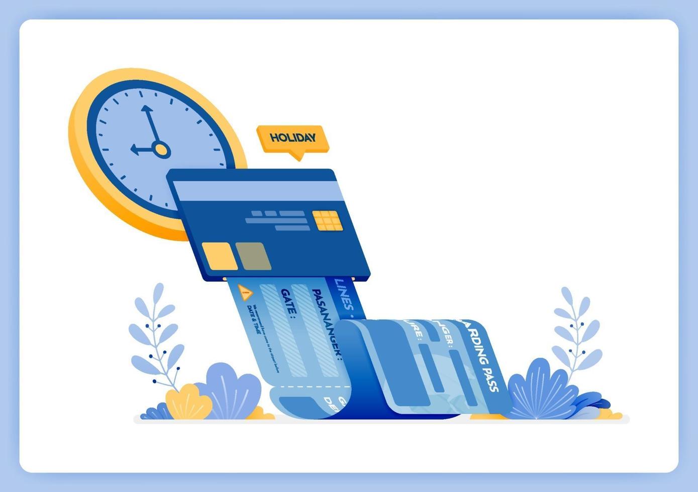 vector illustration of automatic flight ticket purchase schedule with credit card payment