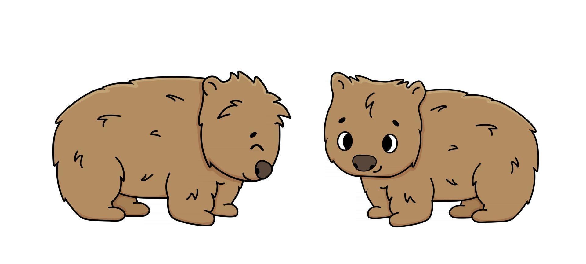 conjunto de dos vectores lindo contorno marrón wombats animales de dibujos animados aislados sobre fondo blanco vista lateral primero sonríe segundo cierra ojos es feliz