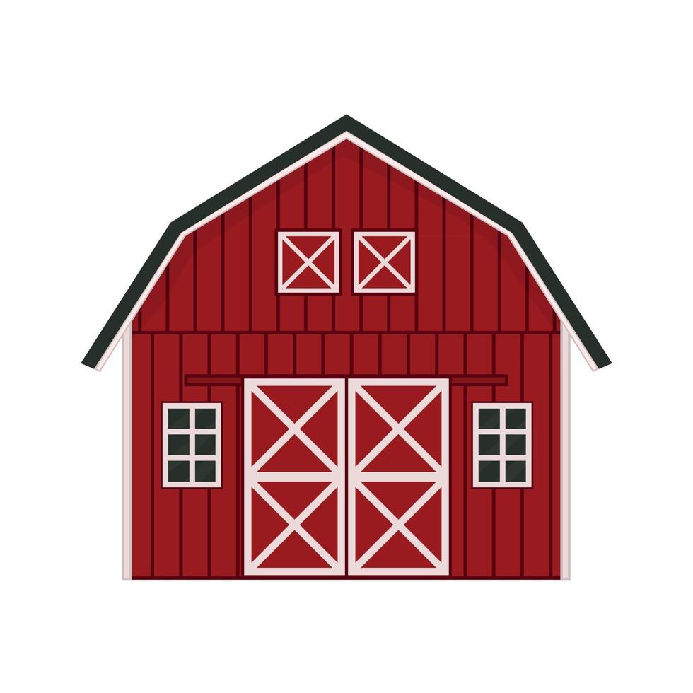 Cartoon doodle red wooden barn house gray roof windows and doors with crossed white boards vector