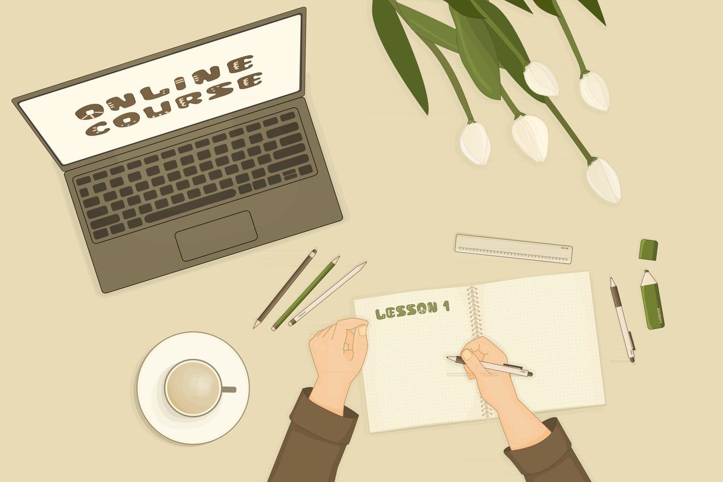 Open laptop white green tulips notebook for summary notes and cup of coffee are on table in room Online educational course is shown on the screen Human starts writing something Hands are shown vector