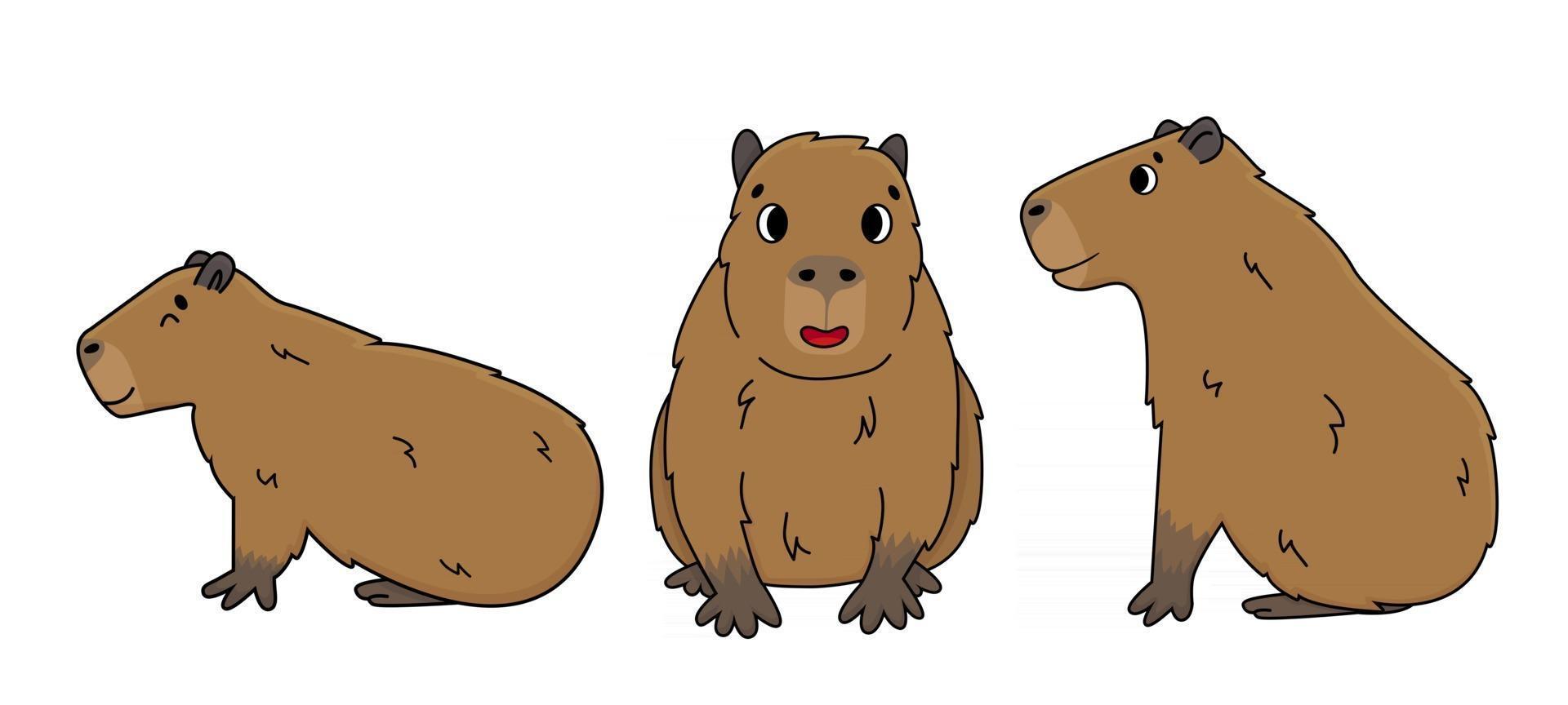 Set of Vector cute cartoon outline Capybara smile sit lying on the ground