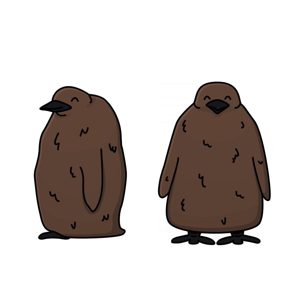 Vector outline illustration of king penguin brown chicks Doodle cartoon single isolated kid fluffy animals on white background Front and side views eyes are closed