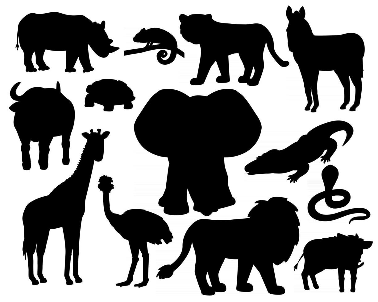 Set of Savannah animals silhouettes on white background Tiger lion rhinoceros common warthog African buffalo tortoise chameleon zebra ostrich elephant giraffe crocodile cobra vector