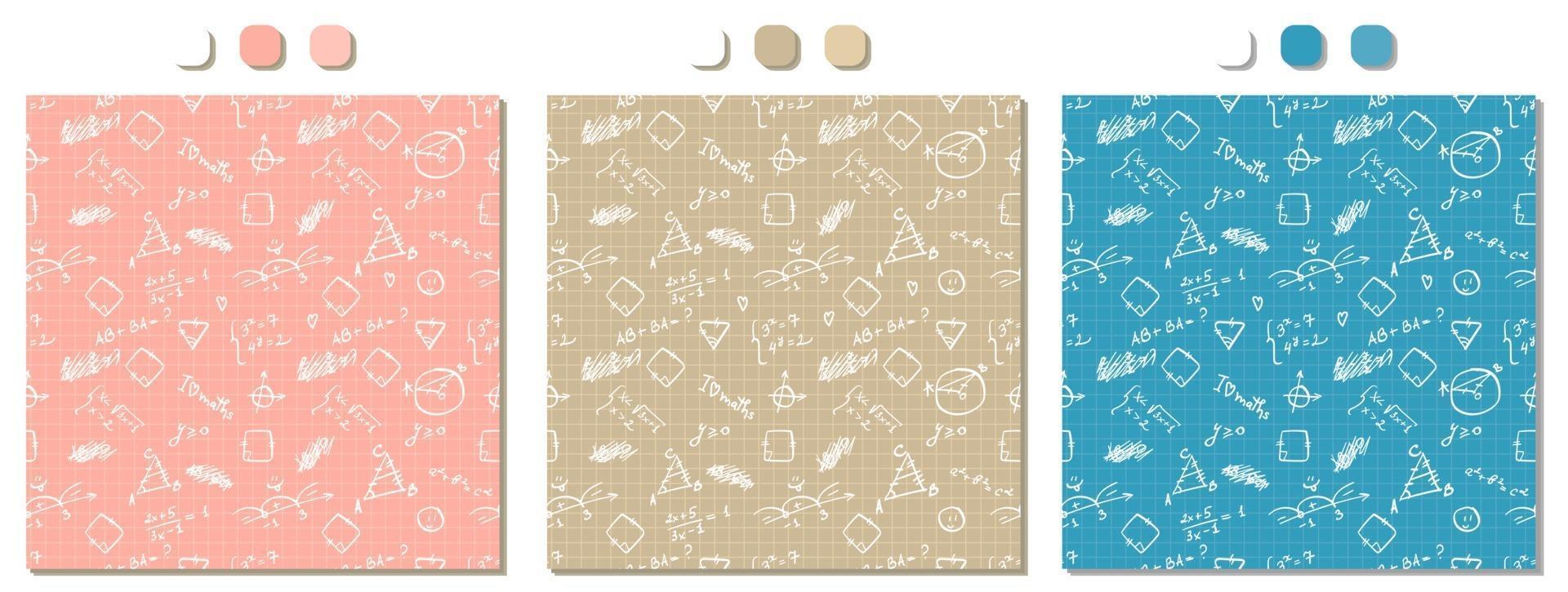 Conjunto de patrones sin fisuras de vector azul beige rosa con fórmulas matemáticas blancas escritas a mano figuras cálculos en papel cuadriculado