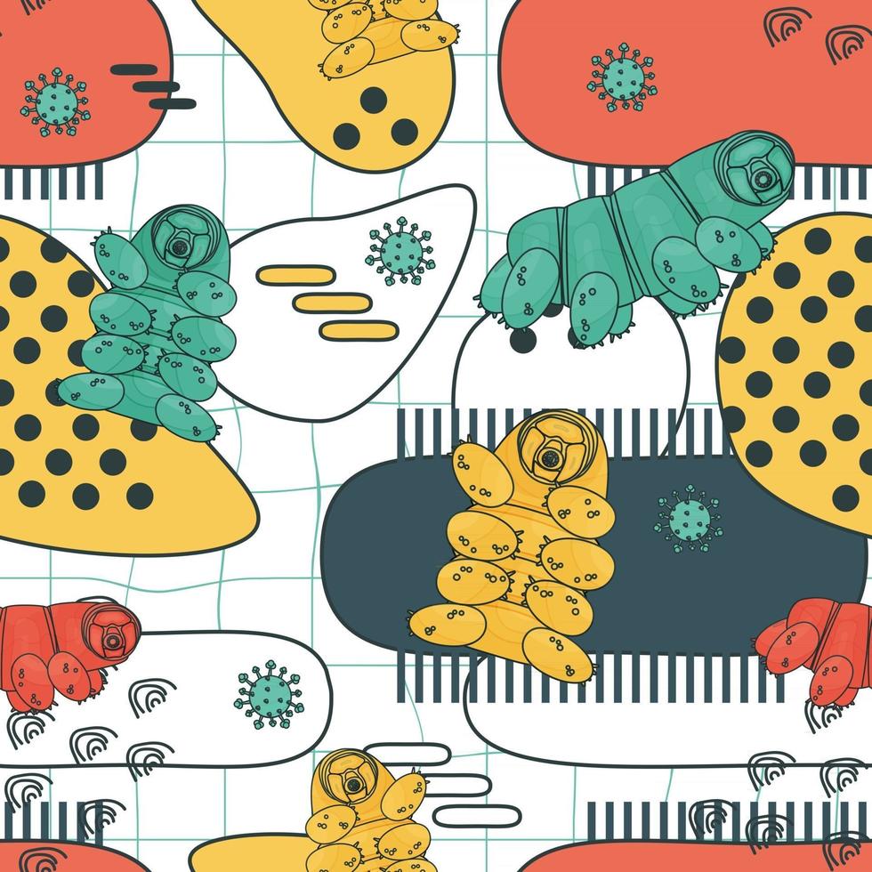 White blue yellow pink colorful repeat seamless pattern of water bears or tardigrades vector