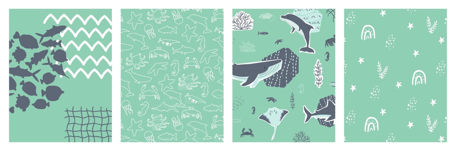 cartel de vector océano mar con silueta de dibujos animados ballena mantarraya pez pulpo cangrejo y otros animales submarinos para banner tarjeta postal libro cubierta de cuaderno collage efecto de papel cortado